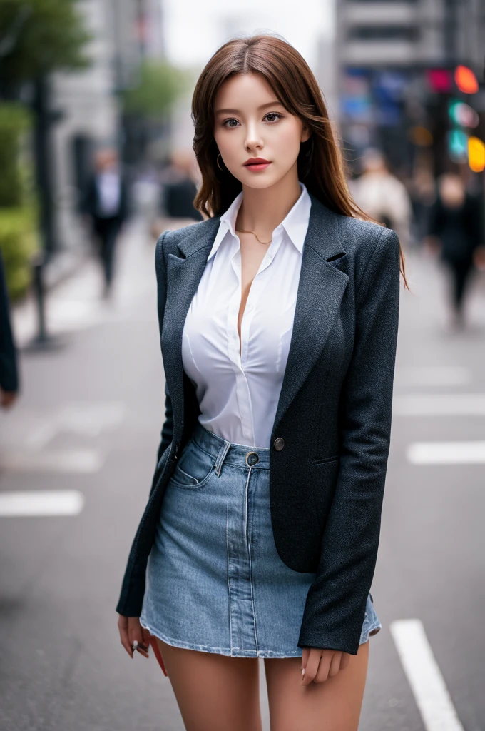 the most beautiful actress in the world, she is 18 years old, the perfect body proportions of this girl, just the upper than her waist is formal, just the lower than her waist is erotic, the blazer is firmly worn on the formal shirt which is covering her large breasts, her bare thighs, the lower than her knees are out of this picture, at city street, standing, best quality, highly detailed, masterpiece, ultra high res, photo realistic, 8k