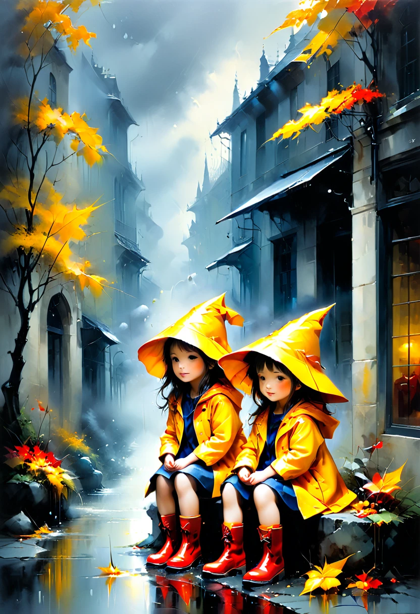 Two children, rendered in oil paints on a textured canvas, sitting cross-legged on a gray stone pavement, playing with paper boats in a water puddle, their bright yellow rain boots and crimson raincoats contrasting against the gloomy atmosphere, surrounded by blurred autumn leaves and misty air, as warm sunlight filters through the rain clouds, casting a soft, cinematic glow, evoking a sense of nostalgia and tranquility, with colors blending in harmony, from deep blues and grays to rich oranges and yellows, capturing the magic of a rainy day's simple joys.