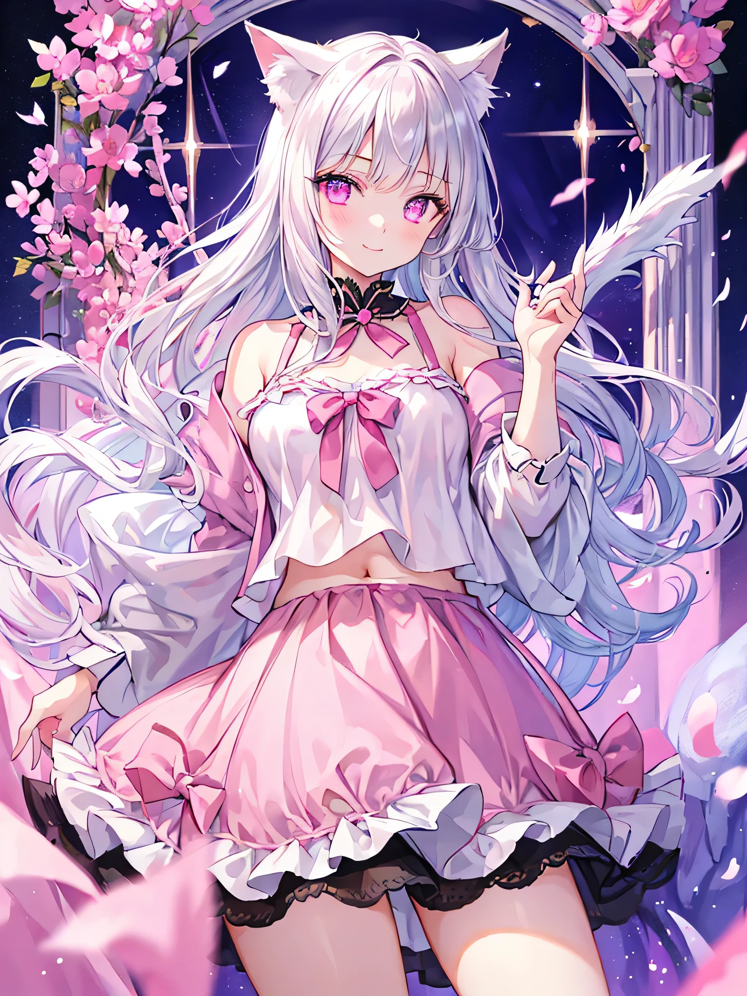 Highly detailed face,fine grain,Sparkling eyes,Highlighted eyes,Medium chest,pretty girl, bewitching smile,Longing eyes,Cat ear, Beautiful silver hair,Pink inside,Beautiful pink eyes,Oversized shirt,skirt