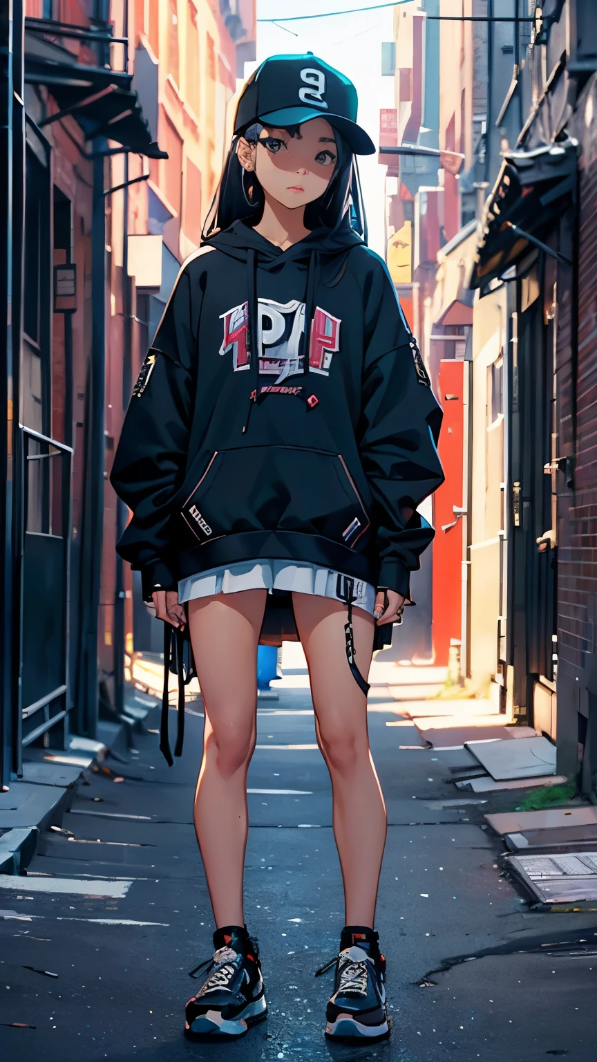 A girl in the back alley、(Super detailed)、(8K)、((Hip Hop Fashion))、Downtown New York、(Esbian all over)、(Super detailedな顔)、(Detailed feet)、(Detailed hands)、(Cool face)、(Are standing)
