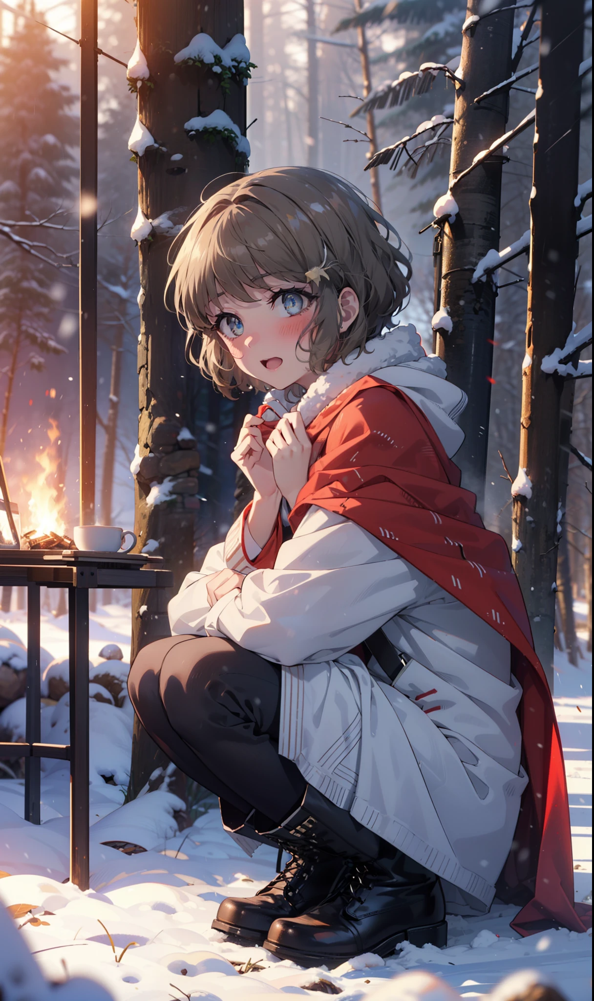 tomoekoga, Chie Koga, short hair, Brown Hair, blue eyes, hair band,smile,blush,White Breath,Medium Chest,
Open your mouth,snow,Ground bonfire, Outdoor, boots, snowing, From the side, wood, suitcase, Cape, Blurred, having meal, forest, White handbag, nature, Squat, Mouth closed, Cape, winter, Written boundary depth, Black shoes, red Cape break looking at viewer, Upper Body, whole body, break Outdoor, forest, nature, break (masterpiece:1.2), Highest quality, High resolution, unity 8k wallpaper, (shape:0.8), (Beautiful and beautiful eyes:1.6), Highly detailed face, Perfect lighting, Highly detailed CG, (Perfect hands, Perfect Anatomy),