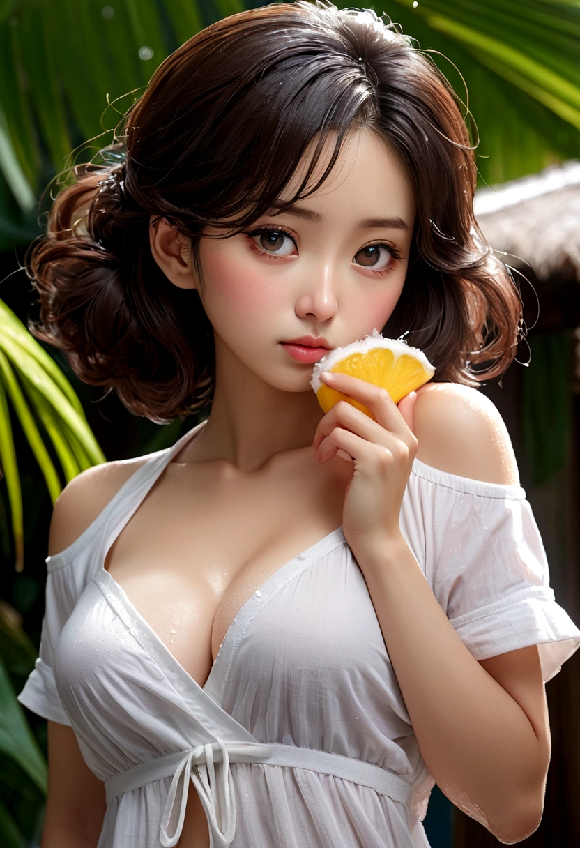 ((top quality, 8k, masterpiece: 1.3)), women (full body portrait, front, babydoll wearing, wet clothes, big breasts, cleavage), coconut, tropical drink, drinking pose, overhead camera, sharp focus: 1.2, cute women: 1.4, (((hairstyle random)), wet hair, very detailed face and skin and hair texture, detailed eyes, double eyelids, white skin, beautiful delicate nose, Cute young Japan woman, 28 years old, at a dynamic angle, is pleasing to the eye and suggestive composition, emphasizing the subject's hair, eyes, mouth and action, while exuding melancholy emotions characterized by a contrasting mix of muted tones and light and shadow,
