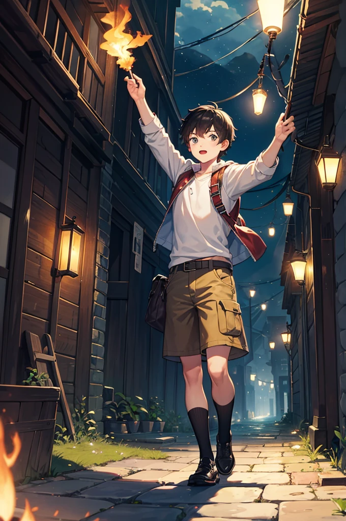 masterpiece,One boy,adventure,night,torches