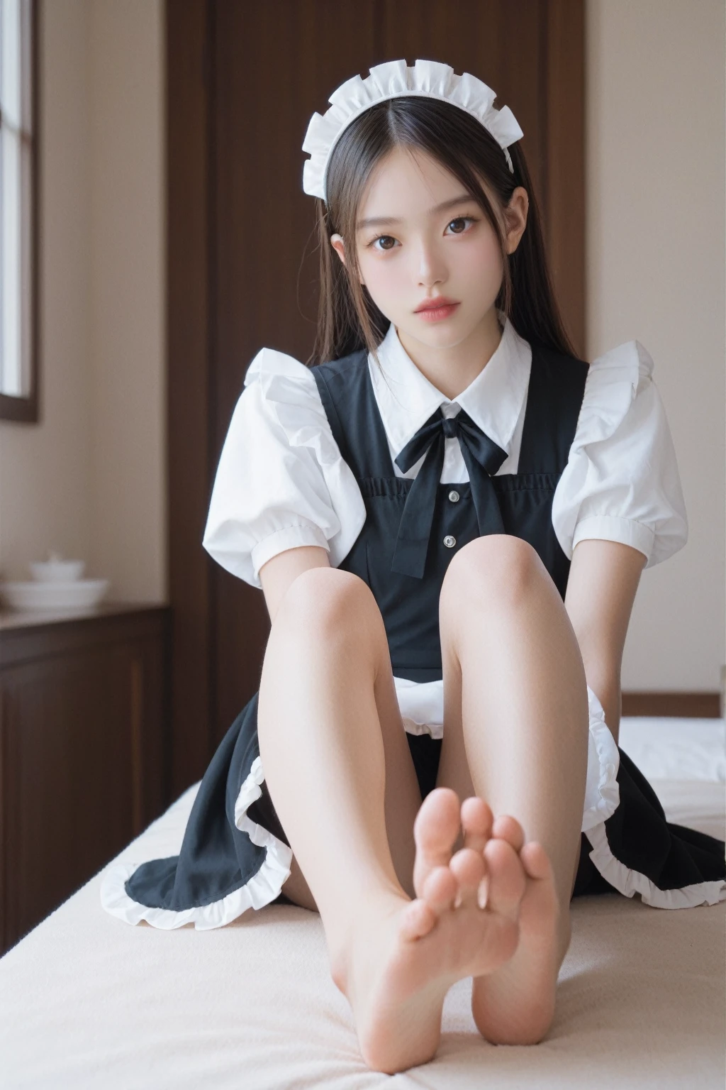 realistic,score_9, score_8_up, score_7_up, BREAK,
 1girl,solo,maid,maid headdress,looking at viewer,apron,brown hair,indoors,black hair,bare foot,feet focus,two feet,