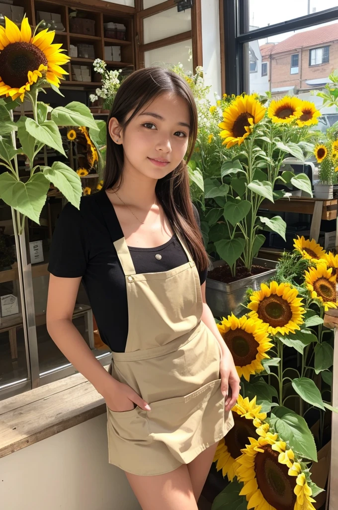 A 20-year-old girl working at a flower shop with lots of sunflowers.(Wearing a miniskirt and apron)