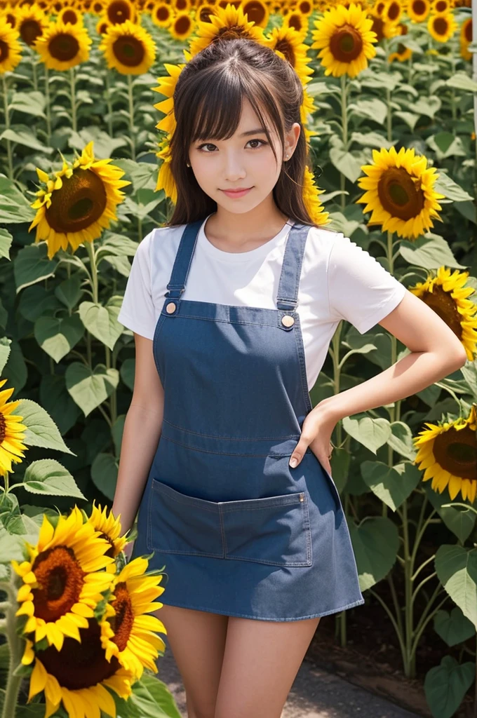 A 20-year-old girl working at a flower shop with lots of sunflowers.（Wearing a miniskirt and apron）
