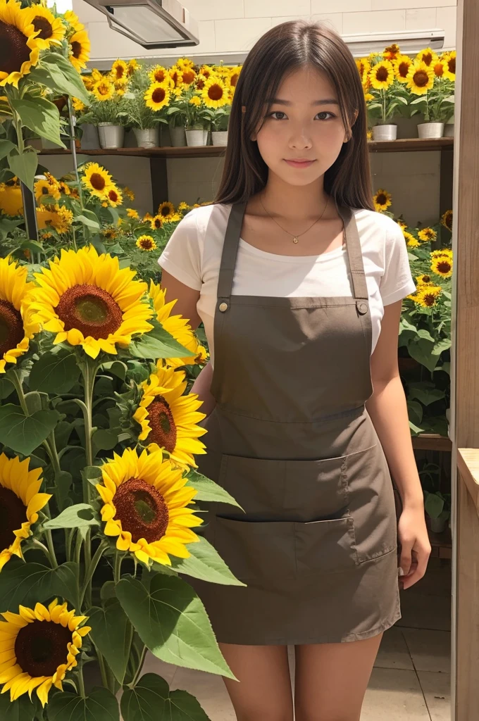 A 20-year-old girl working at a flower shop with lots of sunflowers.（Wearing a miniskirt and apron）