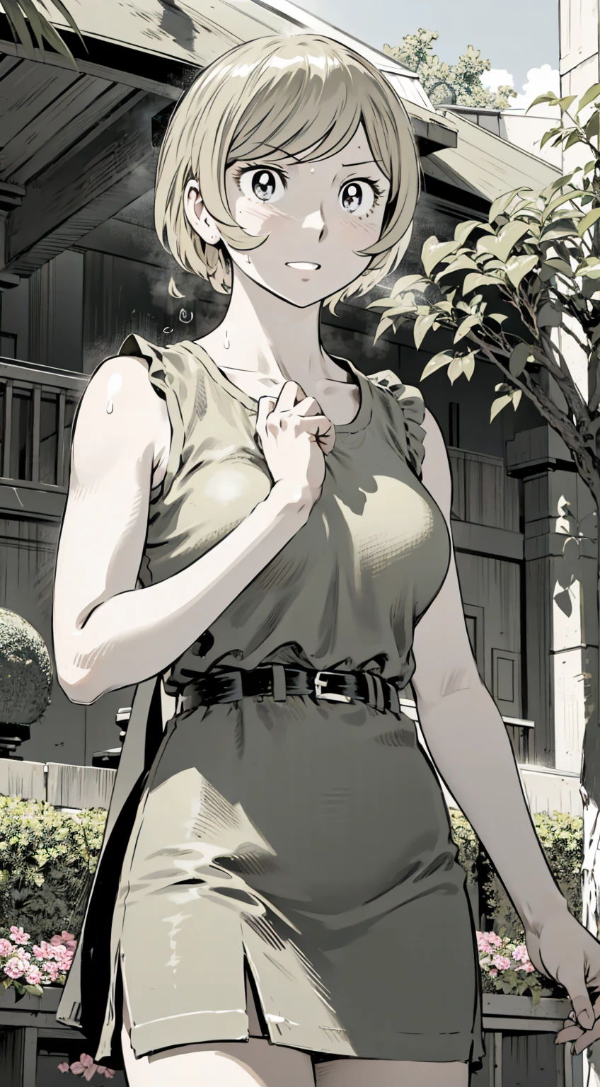 、(masterpiece、Highest quality)、Highest quality, Ultra-high resolution, (((masterpiece))), alone, Sweat、Big eyes, Please show me your armpits, No sleeve、Outdoor、Floral dress、Composition from the front、(Cut the back hair short、short hair、blonde、woman)、Shortcuts、Embarrassed face、Cut your hair short、可愛いwomanの子、Big Breasts
