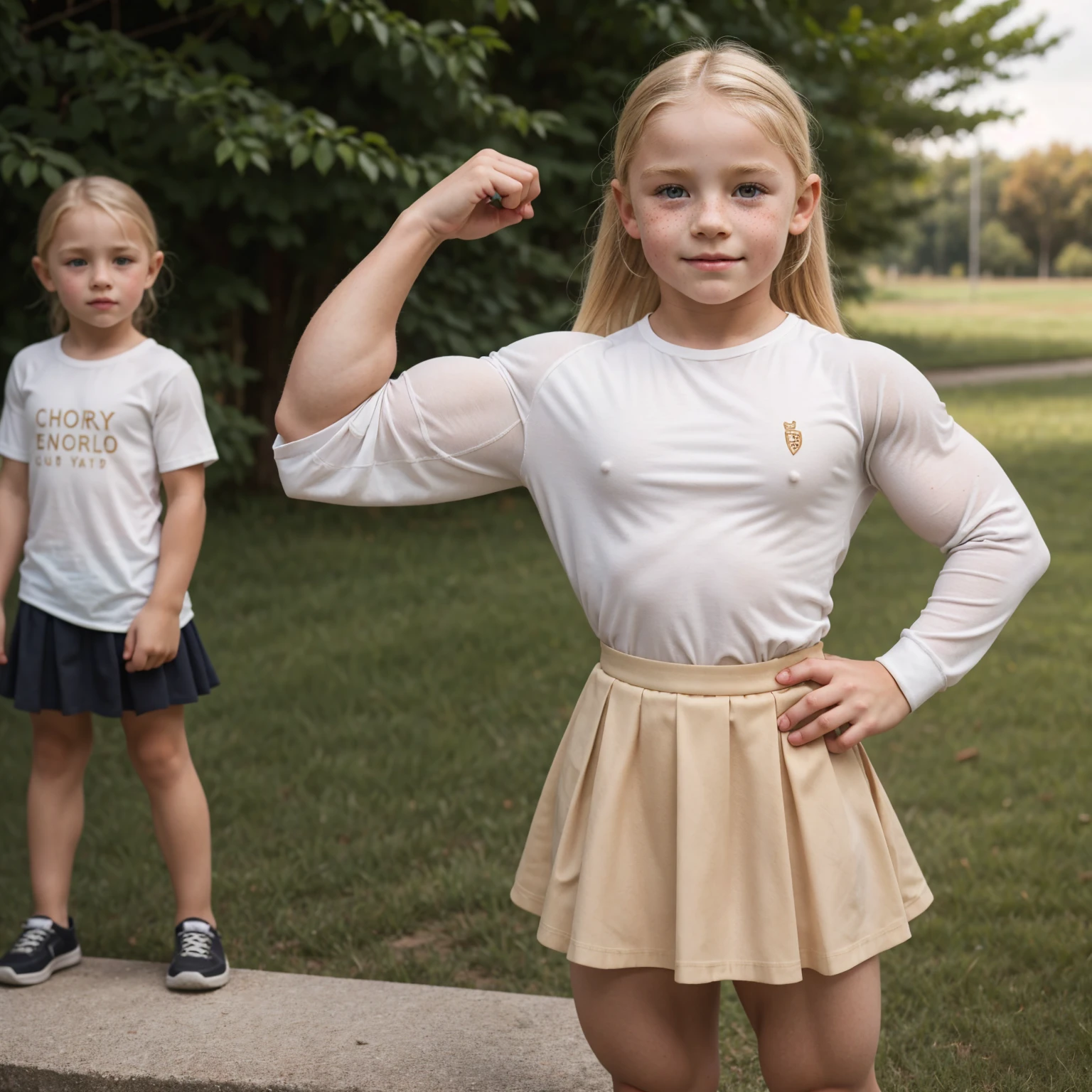 beautiful blonde muscular bodybuilder children girl with big muscles wearing a cute long shirt, skirt, freckles, being outside