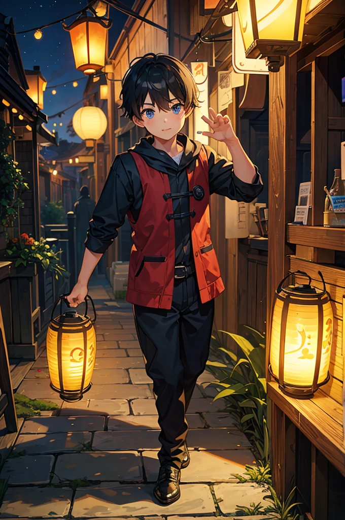 masterpiece,One boy,adventure,night,lantern,(Character Focus),