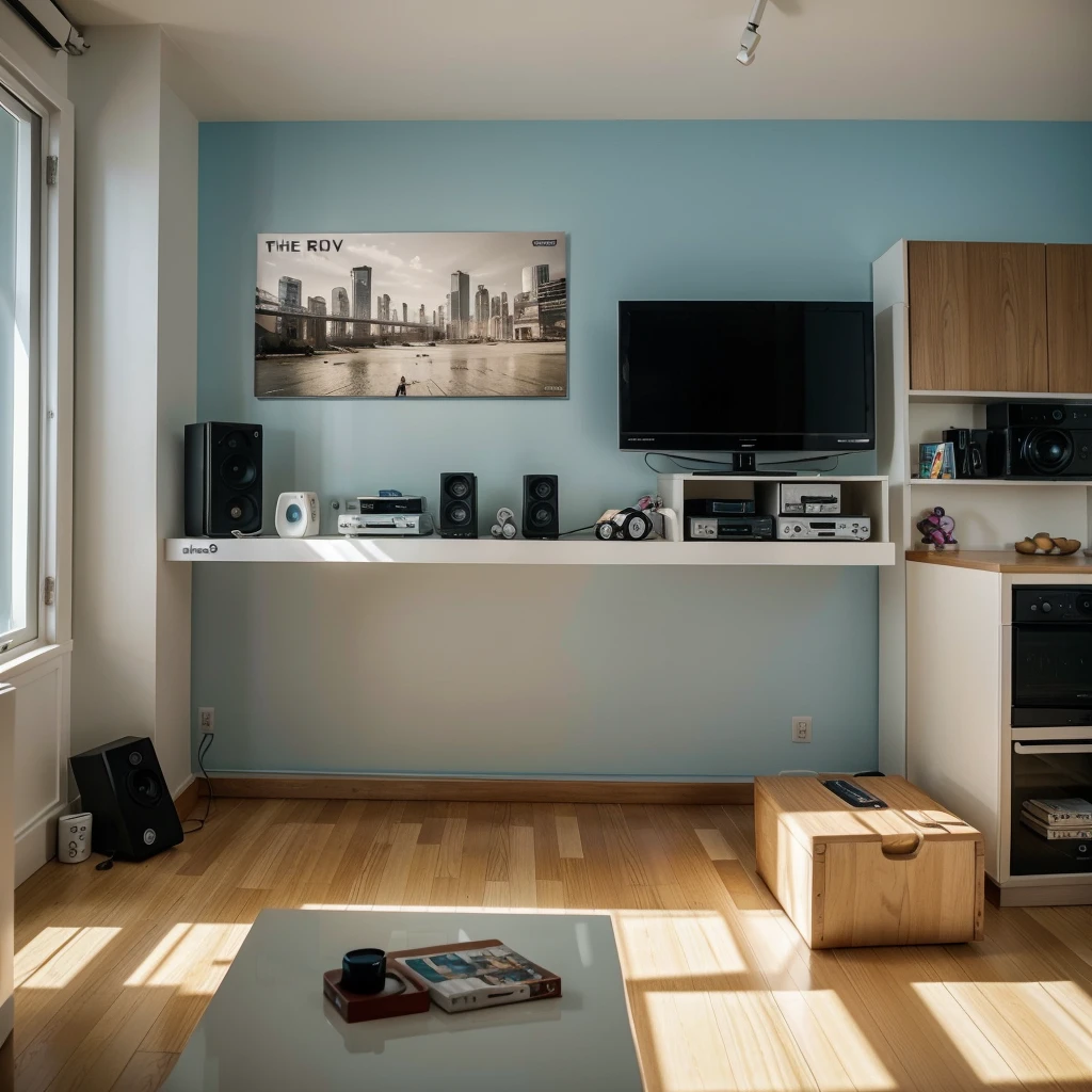 A stunning, photorealistic image of a modern minimalist living hall in the morning. The focal point is a white coffee sitting on a blue mug, with a slice of toast bread next to it. In the background, a large LED TV displays the Spotify user interface, showcasing the Linkin Park album, THX 5.1. The white IKEA cabinet below the TV houses a set of speakers and is adorned with kids' toys. The overall composition is captured from a low angle, giving a cinematic feel to the scene. The room is filled with natural light, casting beautiful morning shadows and highlighting the clean, contemporary design., cinematic, photo