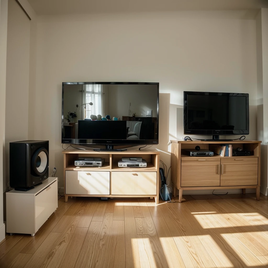 A stunning, photorealistic image of a modern minimalist living hall in the morning. The focal point is a white coffee sitting on a blue mug, with a slice of toast bread next to it. In the background, a large LED TV displays the Spotify user interface, showcasing the Linkin Park album, THX 5.1. The white IKEA cabinet below the TV houses a set of speakers and is adorned with kids' toys. The overall composition is captured from a low angle, giving a cinematic feel to the scene. The room is filled with natural light, casting beautiful morning shadows and highlighting the clean, contemporary design., cinematic, photo