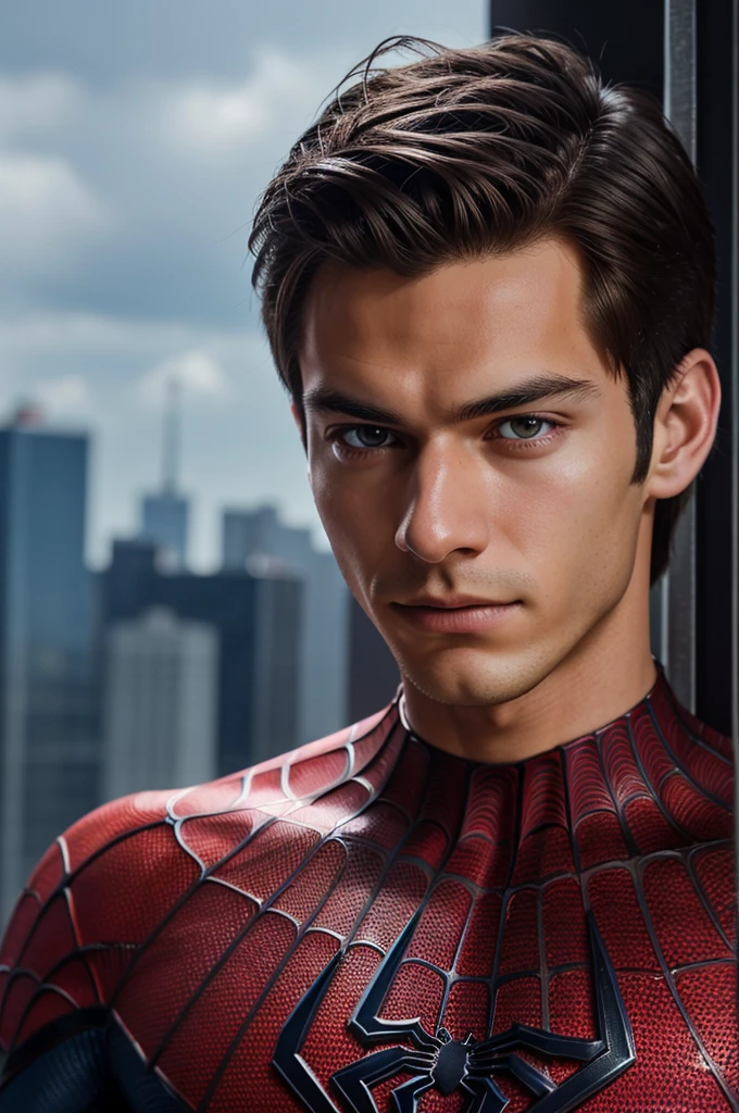 A photograph of spider man, no mask, 20 yo, handsome, detailed face, looking at camera, portrait, 8k uhd, high quality