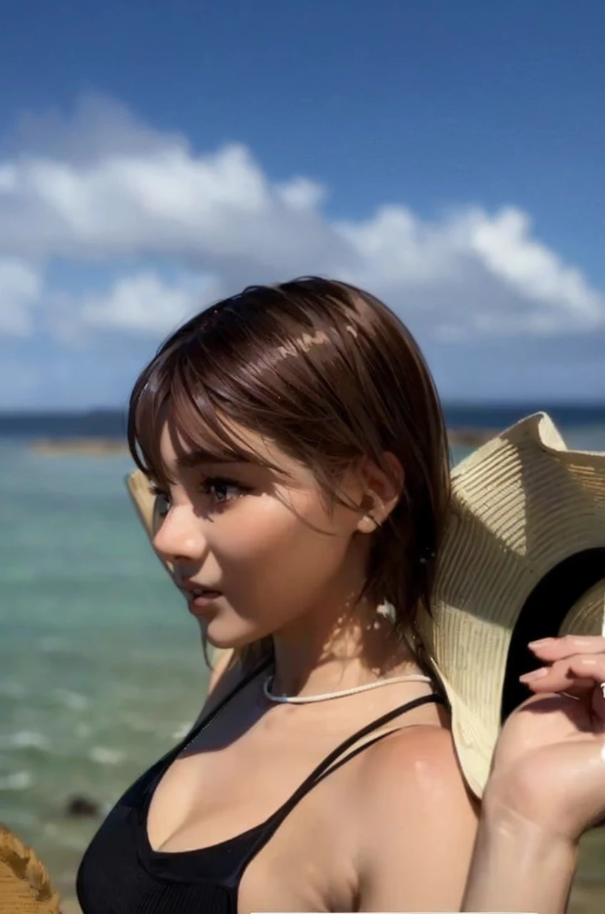 masterpiece, high-quality, anime illustration style, a young woman, wearing black sleeveless, short bob Hair, holding hat behind head with both hands, sunny summer day with the blue sea