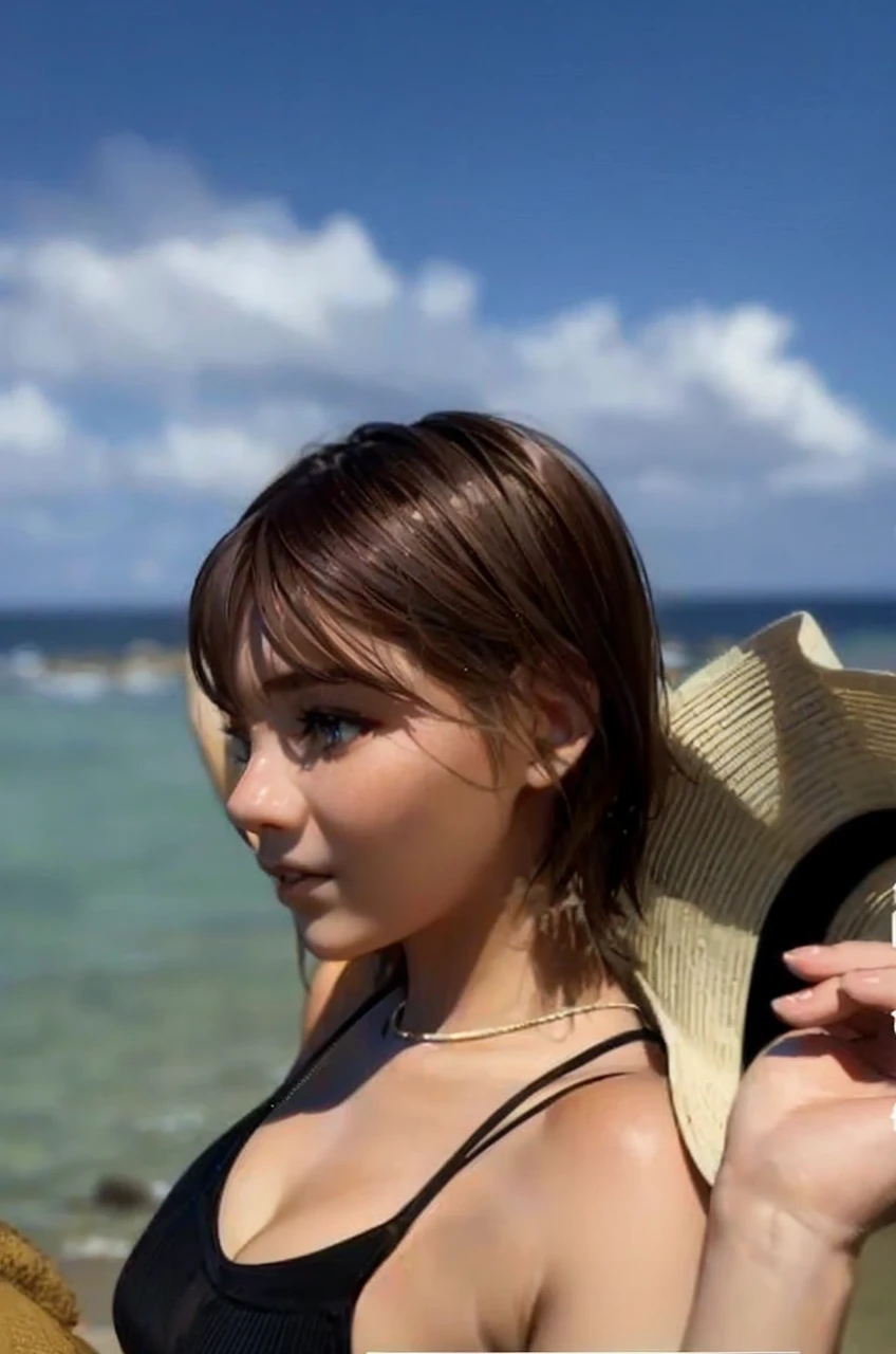 masterpiece, high-quality, anime illustration style, a young woman, wearing black sleeveless, short bob Hair, holding hat behind head with both hands, sunny summer day with the blue sea