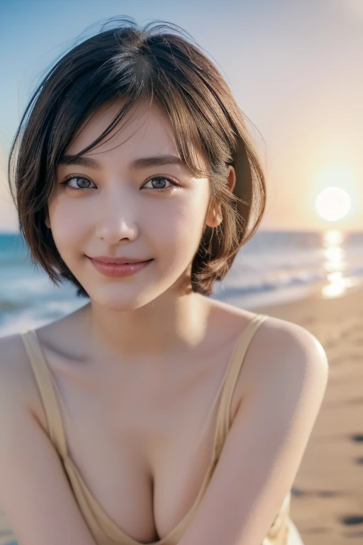 (award winning, 8k, super detailed, high resolution, best quality, photography, portrait), 1girl, solo, beautiful girl, beautiful eyes, detailed eyes, (black eye), ((short hair)), black hair, at the beach, POV, (arms wide open pose), smiley, ocean breeze, sunlight, sunset, sand