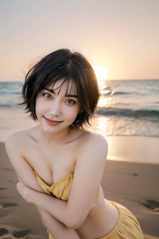 (award winning, 8k, super detailed, high resolution, best quality, photography, portrait), 1girl, solo, beautiful girl, beautiful eyes, detailed eyes, (black eye), ((short hair)), black hair, at the beach, POV, (arms wide open pose), smiley, ocean breeze, sunlight, sunset, sand