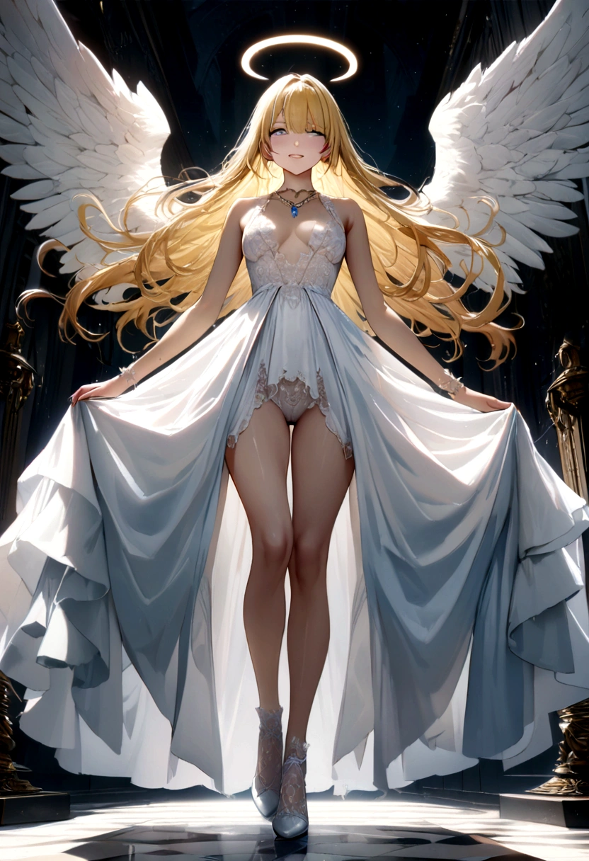 an extremely delicate and beautiful girl with golden pupil, Holy, intricate detail, amazing quality, (masterpiece), (high quality), wallpaper 8K CG, high resolution, extremely detailed, photorealistic, beautiful detailed, full body, best detailed girl, depthoffield, mount the cloud and ride the mist, beautiful detailed fullbody, Perfect body, single human girl, detailed long hair, dynamic hair, long bangs, gold hair.lace, streaked hair, beatiful detailed hair, super fucking beautiful, grin, gorgeous detailed eyes, Slightly open mouth, human hands, medium chest circumference, slim legs, beauty detailed eye, Smooth skin, wave at the edge of dress, angel halo, gem necklace, angel wing, Exquisite cloth, white silk Clothes, volumetric lighting, grand space, delicate background, holy, complex details,