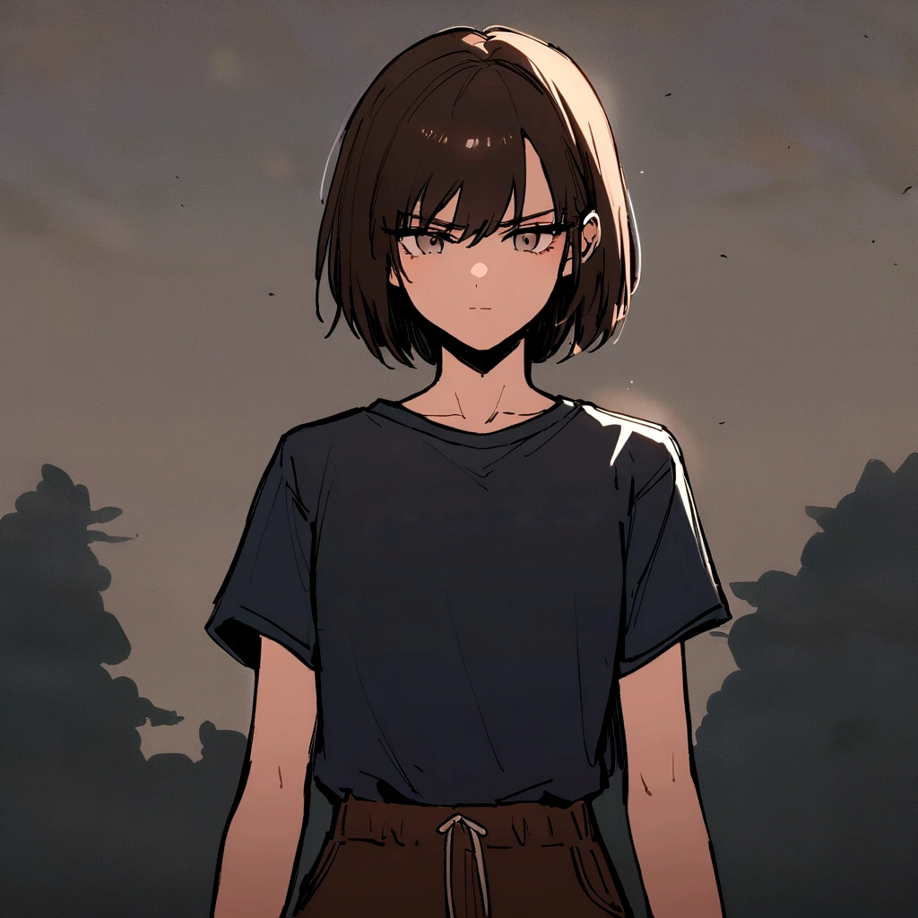 make me a female, , dark brown short hair, grey eyes, dark blue shirt, brown sweatpants, she's serious, dark sky with thunder behind her
