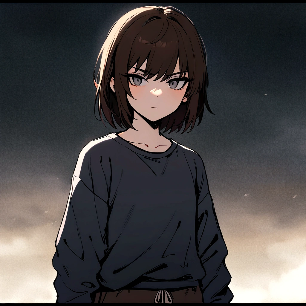 make me a female, 16 yo, dark brown short hair, grey eyes, dark blue shirt, brown sweatpants, she's serious, dark sky with thunder behind her