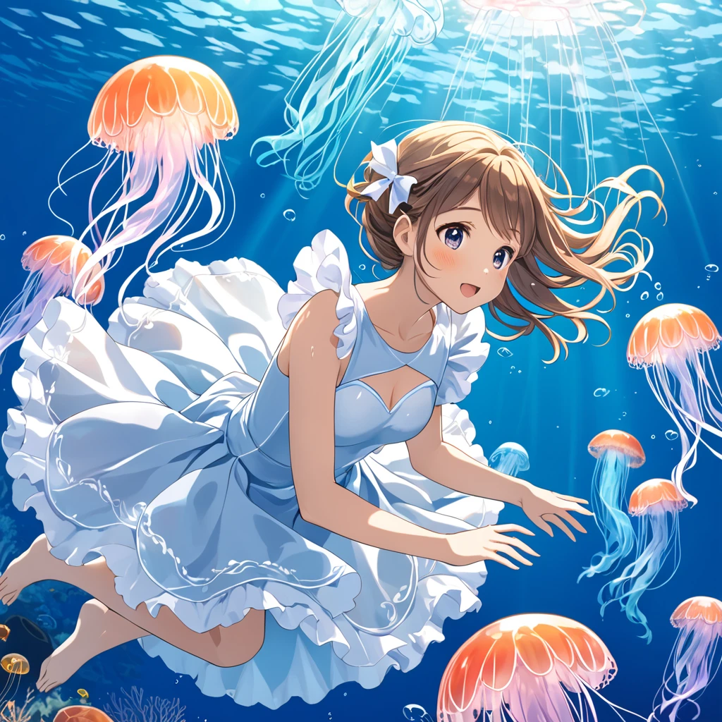 A girl diving and playing underwater with jellyfish、Fluffy dress