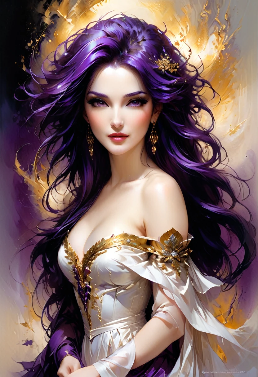 portrait of a beautiful woman with long dark purple hair, wearing a flowing off-shoulder white dress with gold accents, pale skin color, cute smirk, expressive pose, ((masterpiece)) digital art in the style of Artgerm, contest winner of a pixiv contest, hyper detailed, dramatic lighting, (intricate details, masterpiece, best quality:1.4)