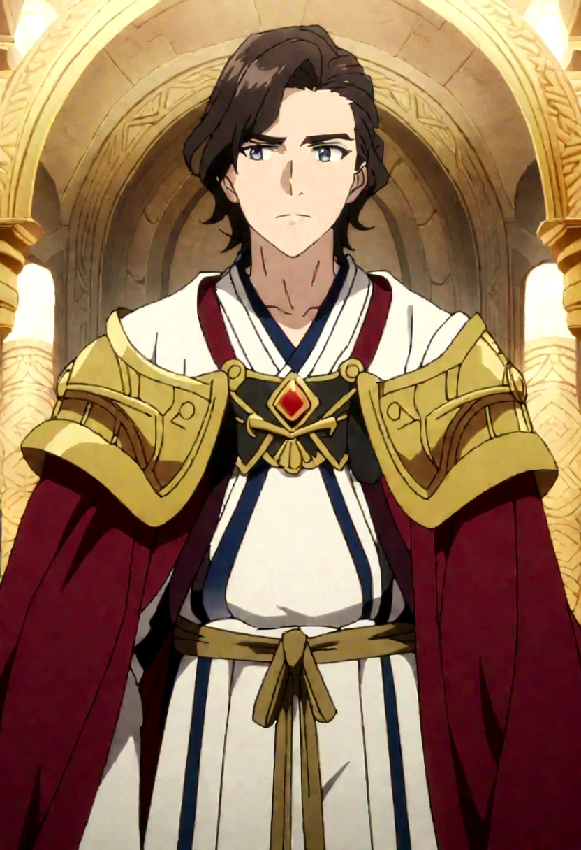 A young prince with long, dark hair wears an elegant robe inspired by ancient Japanese clothing, adorned with magical details that shine with their own light. His gaze reflects determination and curiosity as he observes next to the Duke of the North, short hair, imposing bearing and robust armor, he shows an expression that combines seriousness with a spark of compassion. They are both in front of a majestic castle,Screenshot screencap ancient history cover animated.