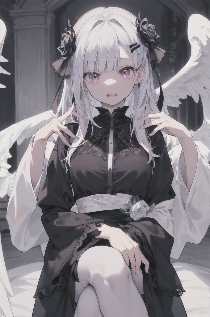 Best Quality、Mesa、ultra detailed、Perfect face、extremely detailed、extremely delicate、1 chico, (scary), angel, rosa hair、wide、Gorgeolancha'the halo), Dark, bright Eyes, light green eyes, angel wings, Holy, , whiteのチュニック, 2対のwhite angel wings, who are full of confidence, keep your mouth closed、expressive eyes, full eyes, contrasted, vague, Mesa, digital art, bright Eyes, intimidating, corrupt, Demonic, abstract background, white, black and teal、両手にwhiteく輝く星を浮かばせる、fear、A light blue butterfly dances