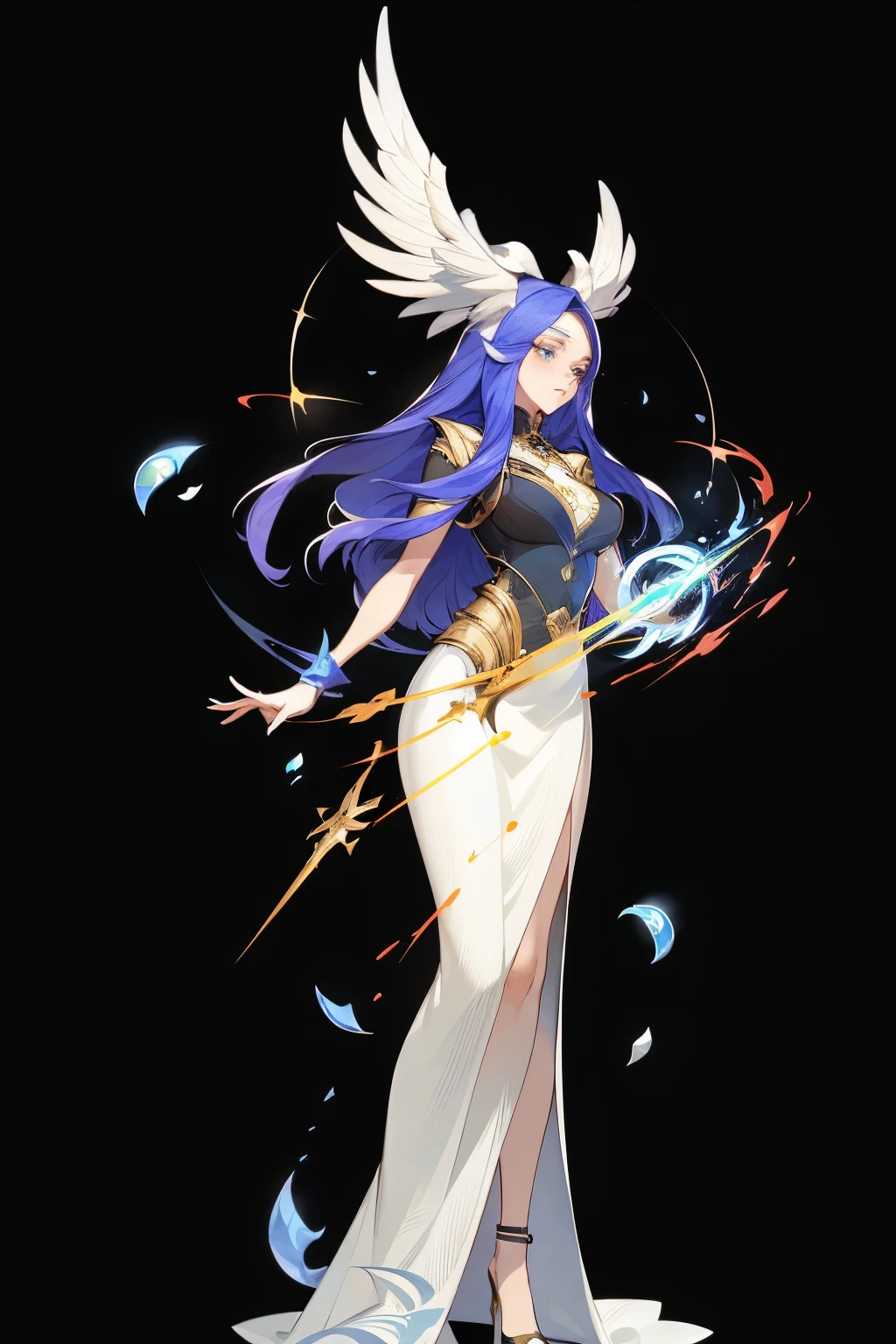 1 beautiful woman，Mage，Gorgeous long skirt，Standing full body，solo，Clear facial features，Clean lines design，Transparent Background，(masterpiece，Top quantity，Best quality，Ultra-high resolution，Clear facial features，beautiful eyes，Beautiful face)