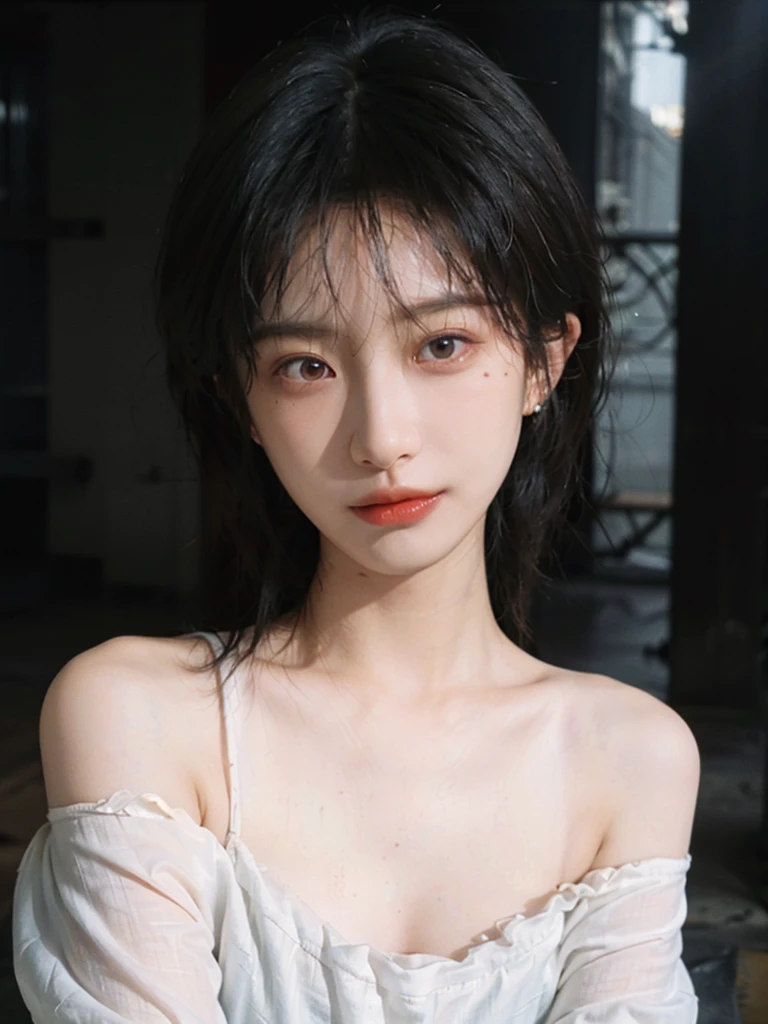 (Skin details:1.4), (smooth skin textures:1.3), （Upper body：1.4），（Upper Body：1.3)，(Off-shoulder：1.4），Lipstick, background, earrings, serene, calm, (Realistic and detailed eyes：1.2）, Natural skin texture, Realistic facial details, Soft dramatic lighting, Vivid details, 35 mm film, outdoor, (Photo Practical:1.4), (hyper Practical:1.4), (Practical:1.3), (Smoother lighting:1.05), (Improve lighting quality:0.9), (Highest quality real skin textures:1.4), Exquisite eyes, Delicate face, Close-up of face, (Enhance the beauty of skin texture:1.1),0Normal body proportions, short hair, Moles under the eyes, A faint smile,Portrait Photography, Depth of Field, Bokeh, Surrealism, Ray Tracing, (Portrait Photography:1.1), Surrealism, High Detail, Chiaroscuro, Ray Tracing, reflected light, Ultra HD, Ultra HD, masterpiece, Textured Skin, Super Detail, High Detail, high quality, best quality