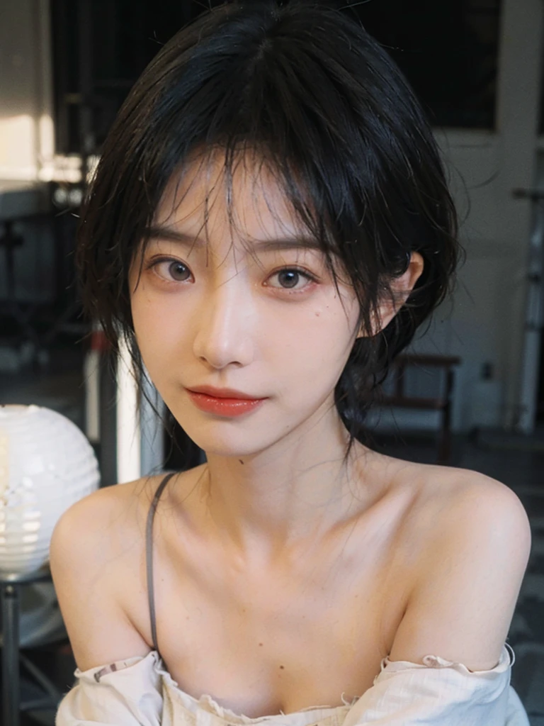 (Skin details:1.4), (smooth skin textures:1.3), (Upper body:1.4),(Upper Body:1.3),(Off-shoulder:1.4),Lipstick, background, earrings, serene, calm, (Realistic and detailed eyes:1.2), Natural skin texture, Realistic facial details, Soft dramatic lighting, Vivid details, 35 mm film, outdoor, (Photo Practical:1.4), (hyper Practical:1.4), (Practical:1.3), (Smoother lighting:1.05), (Improve lighting quality:0.9), (Highest quality real skin textures:1.4), Exquisite eyes, Delicate face, Close-up of face, (Enhance the beauty of skin texture:1.1),0Normal body proportions, short hair, Moles under the eyes, A faint smile,Portrait Photography, Depth of Field, Bokeh, Surrealism, Ray Tracing, (Portrait Photography:1.1), Surrealism, High Detail, Chiaroscuro, Ray Tracing, reflected light, Ultra HD, Ultra HD, masterpiece, Textured Skin, Super Detail, High Detail, high quality, best quality