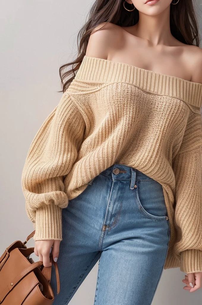((Highest quality)), ((masterpiece)), (detailed), One girl, Off-the-shoulder sweater,