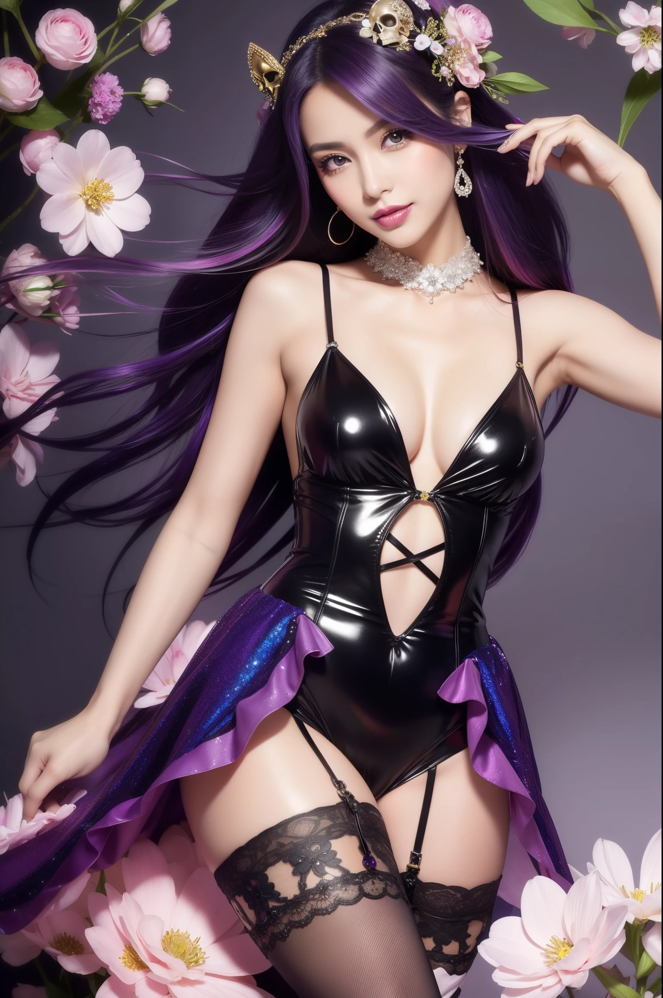 sexy Italian model who controls poison、beautiful smile、lipgloss、intense makeup、look at the camera、full body Esbian、、sparkling poisoned flower costume、、、、shiny sparkling multicolor hair、secrete poison、skull hair accessories、 sexy tights、shiny sparkling flowers background