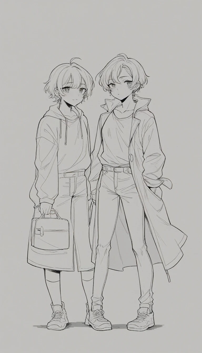 black and white, line art, no shading, full body, live2D characters, Drawing of two anime characters walking side by side, Clean anime silhouette, Perfect lines, Bold draft, line art!!, Bold lines, black and white manga panel, Manhwa Style, Very fine ink line drawing, clean linework, Black and white comic page, intense line art, line art