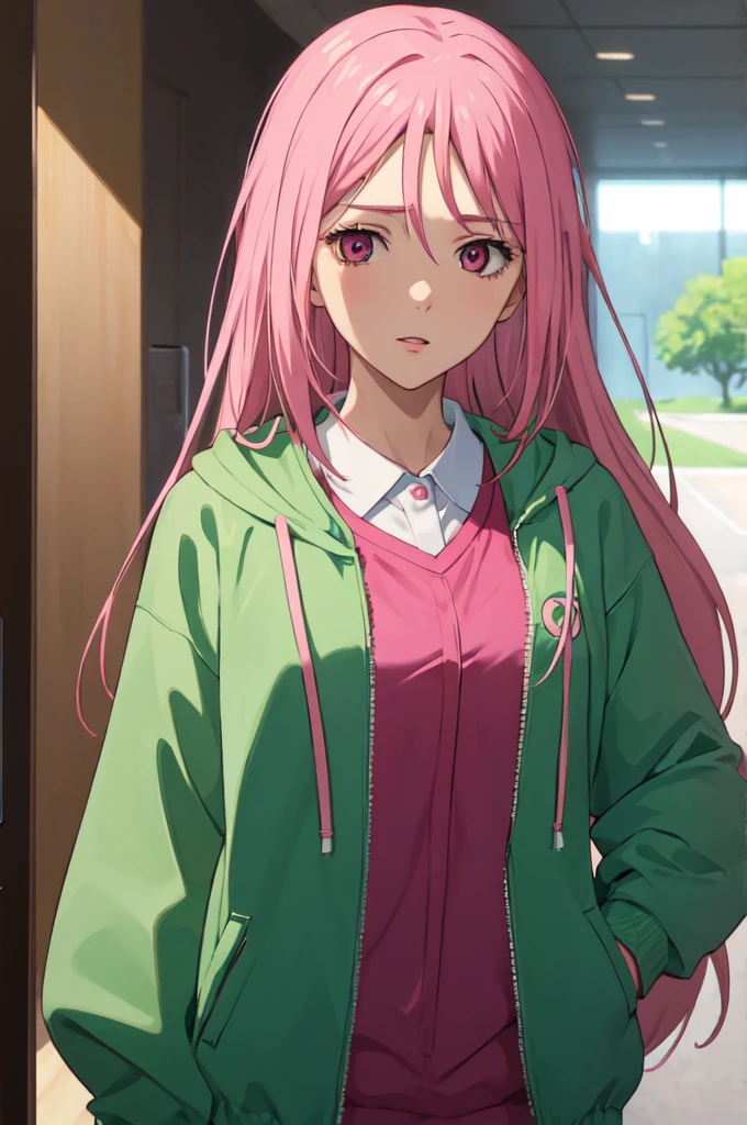 (((masterpiece))), MomoiSatsuki, 1girl, long hair, looking at viewer, shirt, pink hair, long sleeves, green jacket, upper body, pink hair, wearingbasketball uniform,