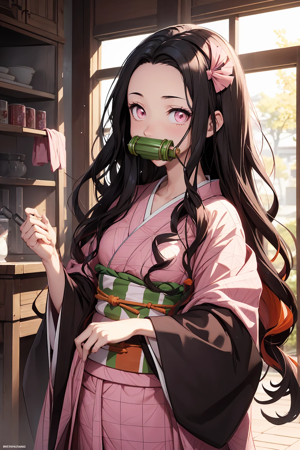 Nezukokamado, Nezuko Kamado, bamboo, (bit gag:1.5), Black Hair, (amount:1.5), gag, gagged, Hair Ribbon, Long Hair, Multicolored Hair, (Pink Eyes:1.5), Orange Hair, elongated pupils, Wavy Hair, Two-tone hair,
break asa no ha (pattern), checkered sash, Haori, kimono, kimono, Long sleeve, heart, pink kimono, sash, wariza,  Wide sleeves,
break looking at viewer,
break indoors,
break (masterpiece:1.2), Highest quality, High resolution, unity 8k wallpaper, (figure:0.8), (Beautiful attention to detail:1.6), Highly detailed face, Perfect lighting, Highly detailed CG, (Perfect hands, Perfect Anatomy),