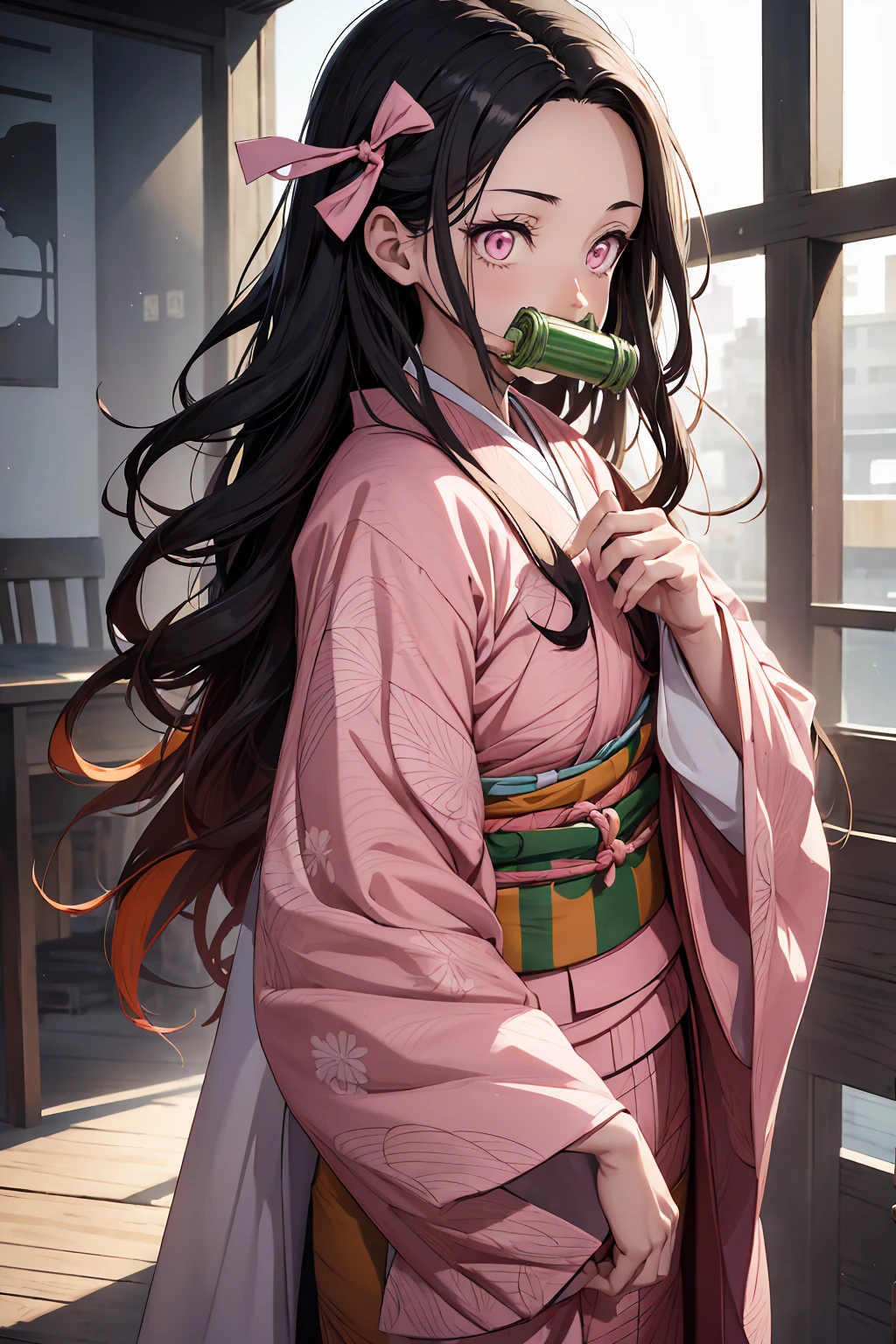 Nezukokamado, Nezuko Kamado, bamboo, (bit gag:1.5), Black Hair, (amount:1.5), gag, gagged, Hair Ribbon, Long Hair, Multicolored Hair, (Pink Eyes:1.5), Orange Hair, elongated pupils, Wavy Hair, Two-tone hair,
break asa no ha (pattern), checkered sash, Haori, kimono, kimono, Long sleeve, heart, pink kimono, sash, wariza, Wide sleeves,
break looking at viewer,
break indoors,
break (masterpiece:1.2), Highest quality, High resolution, unity 8k wallpaper, (figure:0.8), (Beautiful attention to detail:1.6), Highly detailed face, Perfect lighting, Highly detailed CG, (Perfect hands, Perfect Anatomy),