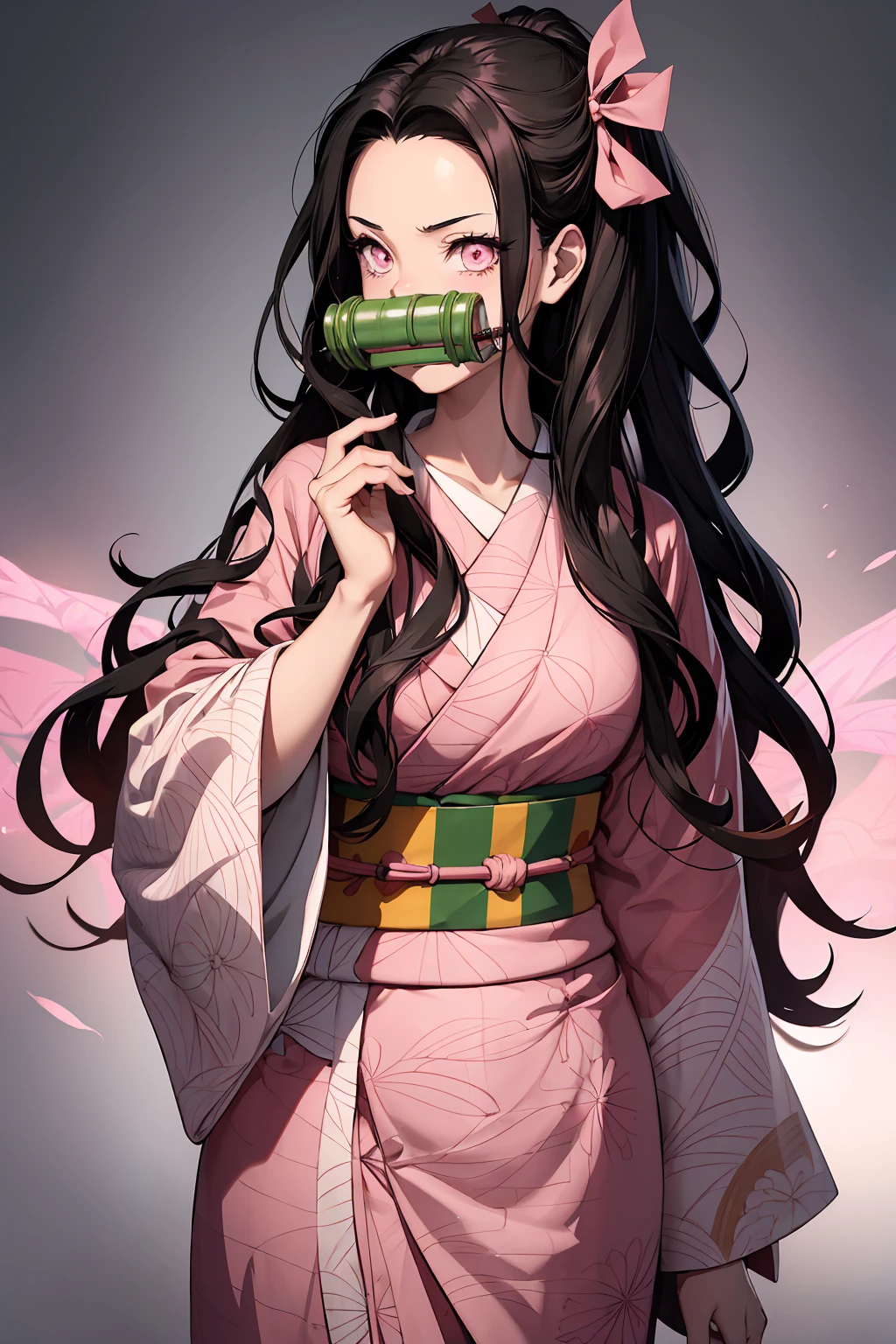 Nezukokamado, Nezuko Kamado, bamboo, (bit gag:1.5), Black Hair, (amount:1.5), gag, gagged, Hair Ribbon, Long Hair, Multicolored Hair, (Pink Eyes:1.5), Orange Hair, elongated pupils, Wavy Hair, Two-tone hair,
break asa no ha (pattern), checkered sash, Haori, kimono, kimono, Long sleeve, heart, pink kimono, sash, wariza, Wide sleeves,
break looking at viewer,
break indoors,
break (masterpiece:1.2), Highest quality, High resolution, unity 8k wallpaper, (figure:0.8), (Beautiful attention to detail:1.6), Highly detailed face, Perfect lighting, Highly detailed CG, (Perfect hands, Perfect Anatomy),