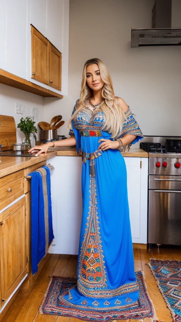 beautifull hot german blonde, robe kabyle, berber, amazigh dress, kabyledress, tizi ouzou, berber outfil, kabylegirl, bijoux, kitchen background, full body, realistic, sky blue color robe