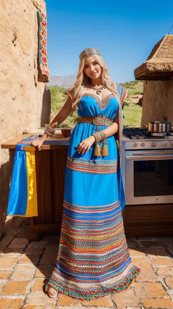 beautifull hot german blonde, robe kabyle, berber, amazigh dress, kabyledress, tizi ouzou, berber outfil, kabylegirl, bijoux, kitchen background, full body, realistic, sky blue color robe