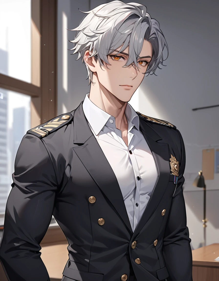 Masterpiece, Top quality动漫插图, Very detailed, Extreme details, 16K, 2.5D, Delicate portrayal, 1 male youth, 25 years old, Silver short hair, Amber eyes, officer, Feel free to hairstyle, Attractive appearance, A handsome expression, Optimal body proportions, Unbutton 2 buttons at collar, Top quality, Perfect image quality, Muscle Texture, Black jacket white shirt, Super detailed face, office+background, Single portrait