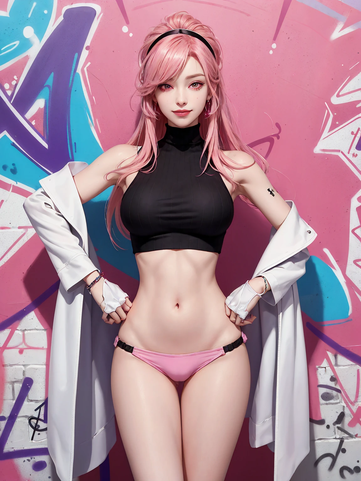 (Masterpiece, best quality, 1 girl, alone, complicated details, Chromatic aberration), realistic, ((Moderate breath)),long hair, pink hair, Red headpiece, Pink Highlights, hair on one eye,purple eyes, earring, sharp eyes, choker, Neon coat, She wears a collar, bangle, and kimono style garters., crop top, (symmetrical eyes),(Perfect symmetrical body),against the wall, Brick wall, (colorful graffiti words on the wall:1.2), The light is dim., alley ,Look at the viewer.、Dig the chest、smile、(sleeveless、Navel touch、Fitted turtleneck.)、street string hot pants、Thin bottom、Please build above the eaves..、Thin shoulders、in sportbar、
