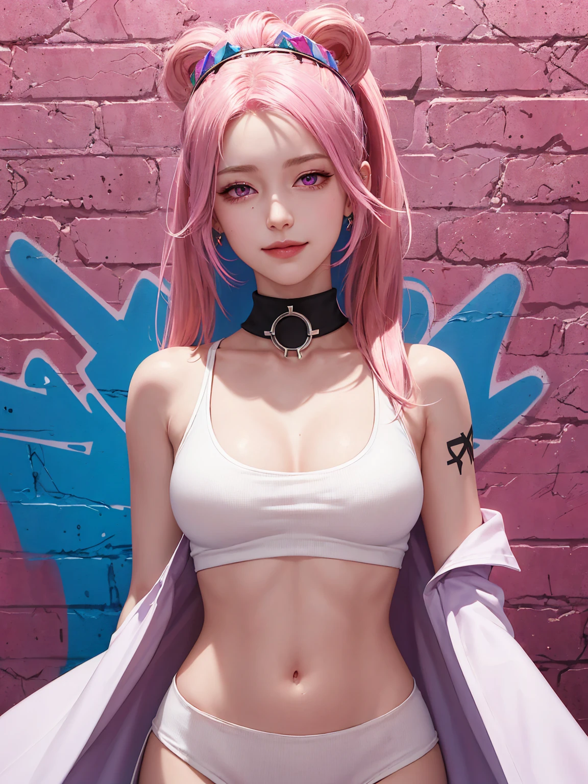 (Masterpiece, best quality, 1 girl, alone, complicated details, Chromatic aberration), realistic, ((Moderate breath)),long hair, pink hair, Red headpiece, Pink Highlights, hair on one eye,purple eyes, earring, sharp eyes, choker, Neon coat, She wears a collar, bangle, and kimono style garters., crop top, (symmetrical eyes),(Perfect symmetrical body),against the wall, Brick wall, (colorful graffiti words on the wall:1.2), The light is dim., alley ,Look at the viewer.、Dig the chest、smile、(sleeveless、Navel touch、Fitted turtleneck.)、street string hot pants、Thin bottom、Please build above the eaves..、Thin shoulders、in sportbar、