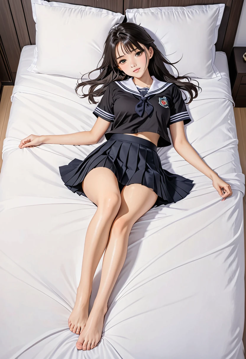 a girl's legs resting on the bed barefooted while wearing a , 1girl, solo, barefoot, skirt, , feet, serafuku, lying, shirt, legs, black shirt, pleated skirt