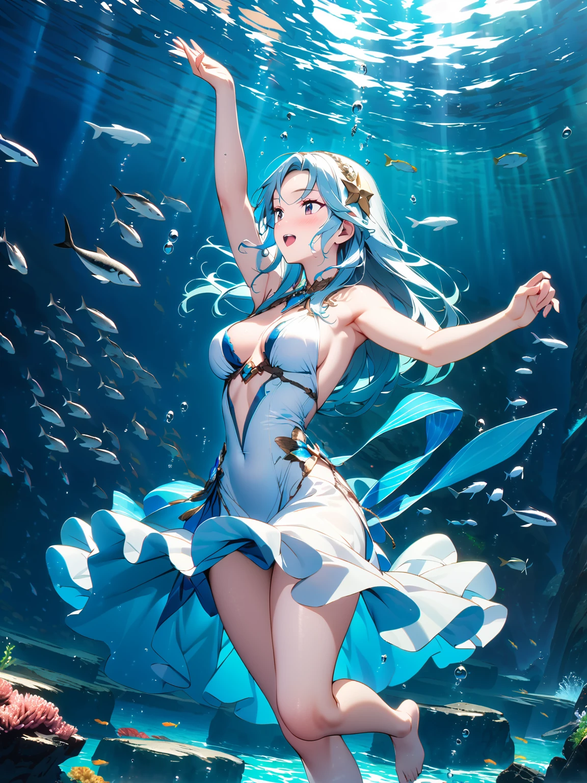 (超detailedなイラスト:1.2),Very delicate and beautiful,非常にdetailed,CG,Unity,8k wallpaper,wonderful,detailed,masterpiece,The best quality in the best condition,Official Art,非常にdetailed CG 8k Unbelievably ridiculous resolution,Beautiful and exquisite,High resolution,非常にdetailedな目と顔,Surrounded by fish,seabed,dance,Dressed in a white dress, Blue Water, Goddess of the Sea,barefoot