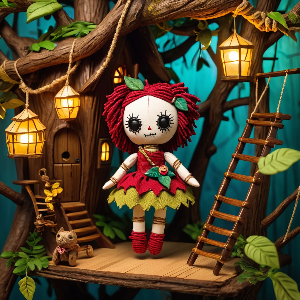 (knitted toy voodoo doll:1.5), (Voodoo Doll in a Treehouse:1.3), (Clothing: casual attire with leaf patterns:1.0), (Accessories: enchanted rope ladder emitting a golden light, floating birdhouses:1.1), (background: whimsical treehouse with wooden platforms, leafy canopies, and a playful vibe:1.2), best quality, masterpiece, detailed soft oil painting, detailed background, dramatic cinematic lighting, soft edge lighting, professional, dramatic lighting, hard edge lighting, ultra quality, 4k,masterpiece, best quality, 8k, ultra highres, highres, extremely detailed