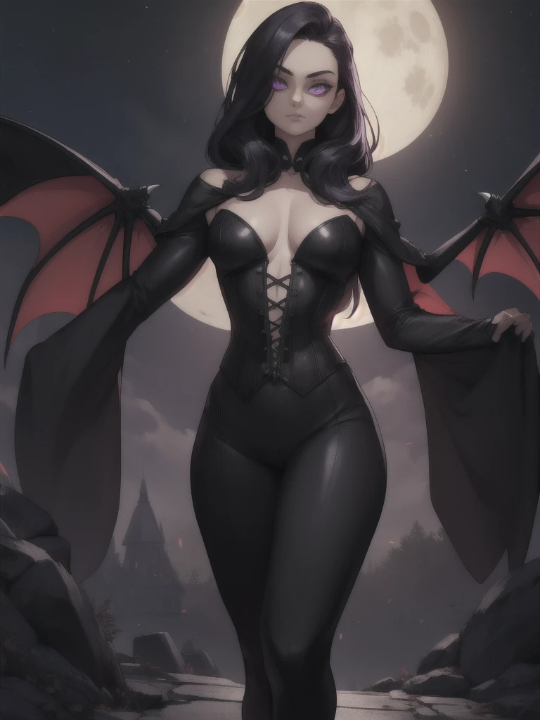 ((Best quality)), ((masterpiece)), 8k (detailed), ((perfect face)), ((male)), perfect proporcions, ((halfbody)) he is a handsome vampire, he is 18 years old, he has black hair, gothic clothes, corset, bare chest, he extends his arms to his sides, he walks forward, there is a full moon behind him,There is a cemetery behind him ((perfect face)) ((vampire ambience)) night sky, (best quality,4k,8k,highres,masterpiece:1.2),ultra-detailed,realistic,professional,(portraits,concept artists),vivid colors,sharp focus,(landscape:1.1),HDR,studio lighting,(black hair:1.1),(purple eyes:1.1),muscualr,strong body,trained,suit