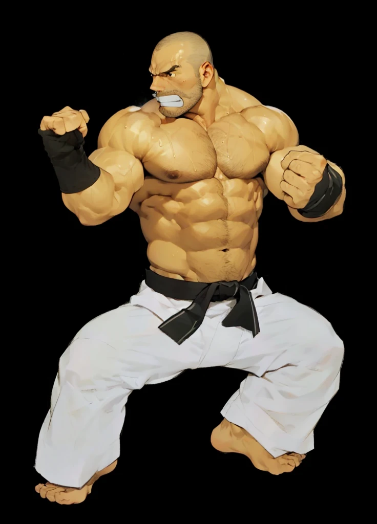 Shirtless and wearing white pants、A 40-year-old shirtless Japanese karateka with a black belt and moustache stands in a dimly lit dojo,Put your back against the wall,Oblique front view from the waist up,Sweating profusely,Open your mouth wide in pain,A fierce look,Expression distorted in pain,Open the chest,drooling, Pathological look,black belt,put back on the wall,put bottom on the wall,Put your hands in your pockets,Thin arms,Shaved Head,shirtless