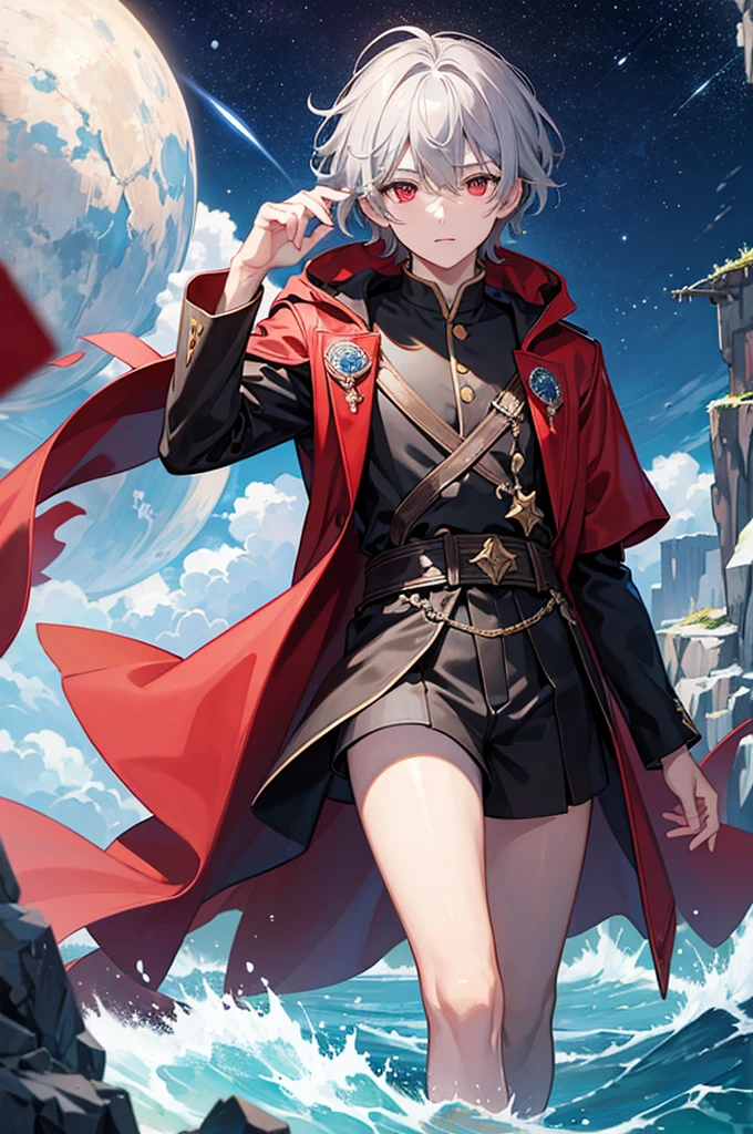 masterpiece,One boy,adventure,night,(Character Focus),Gray Hair,Red eyes,A large floating island in the starry sky