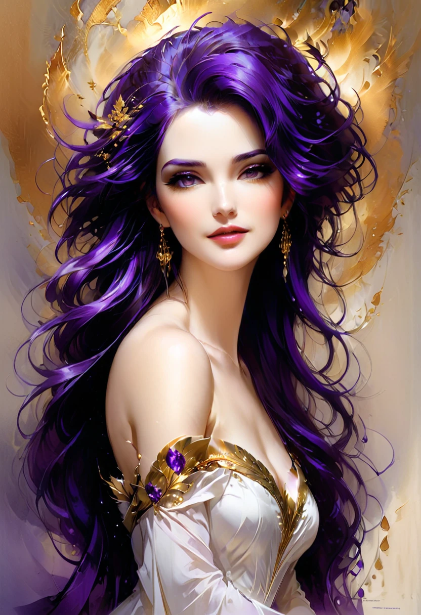 portrait of a beautiful woman with long dark purple hair, wearing a flowing off-shoulder white dress with gold accents, pale skin color, cute smirk, expressive pose, ((masterpiece)) digital art in the style of Artgerm, contest winner of a pixiv contest, hyper detailed, dramatic lighting, (intricate details, masterpiece, best quality:1.4)